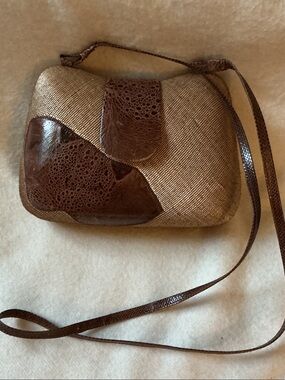 Brown Woven Crossbody Bag with Dark Brown Leather Accents